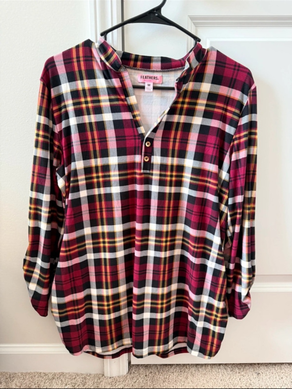 (3pack) Burgundy, Black, White & Yellow Plaid Henley - maternity